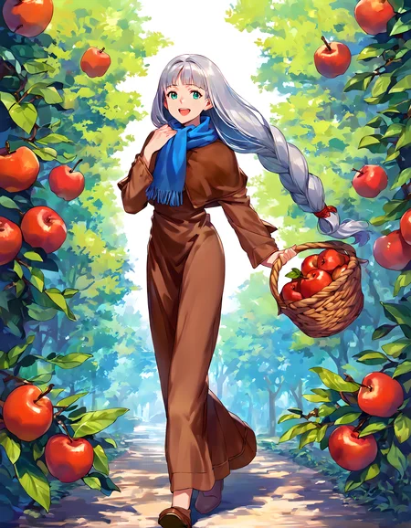 <lora:pony_xl_Lenneth:0.9>,Lenneth,score_9,score_8_up,score_7_up,source_anime,1girl,solo,brown dress,long dress,long sleeves,blue scarf,fringe trim,capelet,brown footwear,full body,looking_at_viewer,looking_back,smile,:d,open mouth,holding,basket,fruit,apple,walking,standing,nature,grove,