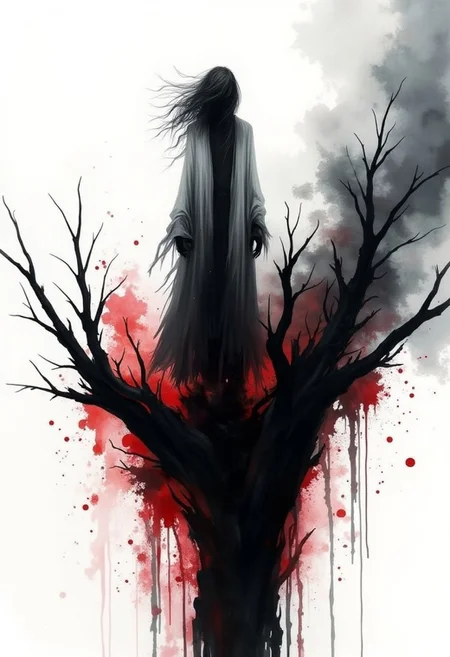 Watercolor style, watercolor, wet on wet, paintstreaks, watercolor painting, \nA This painting presents a dark, abstract, and atmospheric scene with a solitary figure standing on a jagged, chaotic structure of blackened tree branches. The figure, shrouded in a long, tattered cloak, appears almost shadow-like, with wild hair flowing in the wind, adding to the eerie sense of motion and isolation. The background is starkly divided between white and black, creating a strong contrast between light and dark. The branches beneath the figure explode into splashes of red, evoking a sense of violence or intense emotion, as blood-like splatters drip and spread across the lower half of the composition. The use of black, white, and red creates a minimal yet powerful color scheme, emphasizing the tension and foreboding mood of the artwork. The style combines elements of abstraction and surrealism, with jagged forms and splatters that seem to break apart and dissolve, adding to the chaotic and unsettling atmosphere of the piece. The overall effect is haunting, evoking feelings of desolation, turmoil, and impending darkness