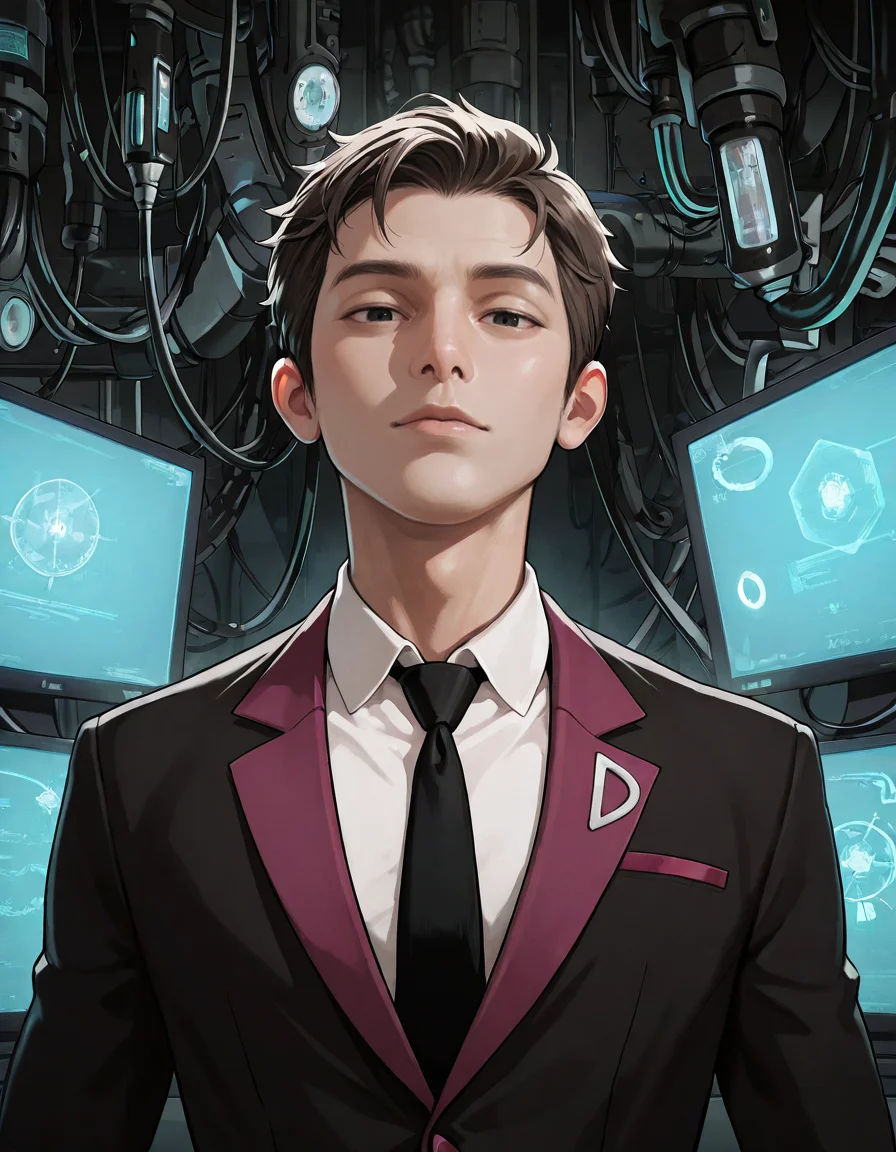 masterpiece, best quality, newest, perfect quality, best quality, detailed background, intricate details, male focus, realistic, tech lab, monitors, <lora:Helluva Boss - Agent One - Illustrious-000006:0.8>, agent1, 1boy, brown hair, black eyes, two-tone suit jacket, white shirt, black necktie, looking at viewer, portrait