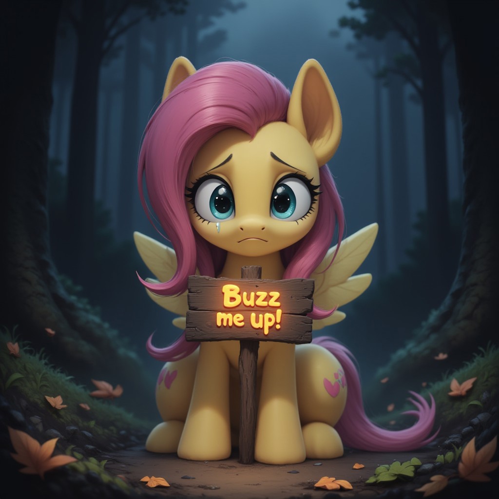 pony, Fluttershy, sad expression, large, expressive teal eyes brimming with tears, soft pastel yellow coat, distinctly equine features, delicate, drooping ears, her long, flowing pink mane partially covering one eye, cascading down her neck and shoulders, realistic and anatomically correct equine legs, slender and graceful, with well-defined joints, detailed and natural-looking fur texture, her small, delicate wings folded tightly against her sides, Fluttershy clutches in hooves a wooden sign with the words 'Buzz Me Up!' softly glowing, the faint light from the sign illuminating her sorrowful face, the scene set in a quiet, shadowy forest clearing, the earth beneath her hooves scattered with fallen leaves, dark clouds overhead casting a muted light, creating a somber and melancholic atmosphere, the overall scene emphasizes her vulnerability as a pony, aidmaponystyle