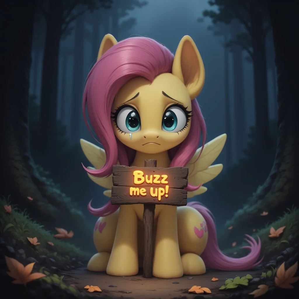 pony, Fluttershy, sad expression, large, expressive teal eyes brimming with tears, soft pastel yellow coat, distinctly equine features, delicate, drooping ears, her long, flowing pink mane partially covering one eye, cascading down her neck and shoulders, realistic and anatomically correct equine legs, slender and graceful, with well-defined joints, detailed and natural-looking fur texture, her small, delicate wings folded tightly against her sides, Fluttershy clutches in hooves a wooden sign with the words 'Buzz Me Up!' softly glowing, the faint light from the sign illuminating her sorrowful face, the scene set in a quiet, shadowy forest clearing, the earth beneath her hooves scattered with fallen leaves, dark clouds overhead casting a muted light, creating a somber and melancholic atmosphere, the overall scene emphasizes her vulnerability as a pony, aidmaponystyle