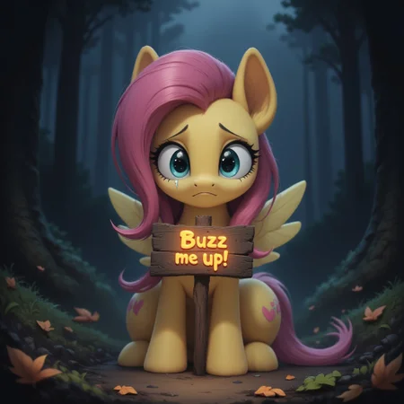 pony, Fluttershy, sad expression, large, expressive teal eyes brimming with tears, soft pastel yellow coat, distinctly equine features, delicate, drooping ears, her long, flowing pink mane partially covering one eye, cascading down her neck and shoulders, realistic and anatomically correct equine legs, slender and graceful, with well-defined joints, detailed and natural-looking fur texture, her small, delicate wings folded tightly against her sides, Fluttershy clutches in hooves a wooden sign with the words 'Buzz Me Up!' softly glowing, the faint light from the sign illuminating her sorrowful face, the scene set in a quiet, shadowy forest clearing, the earth beneath her hooves scattered with fallen leaves, dark clouds overhead casting a muted light, creating a somber and melancholic atmosphere, the overall scene emphasizes her vulnerability as a pony, aidmaponystyle
