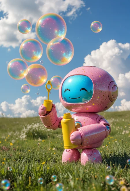A cute pink robot with a rounded body and a lighter pink speckled texture stands in a sunny field, holding a yellow bubble wand, a blue bubble soap can, iridescent bubbles float around against a backdrop of white clouds on a soft blue sky, <lora:MJ52:0.4>, <lora:add-detail-xl:1>