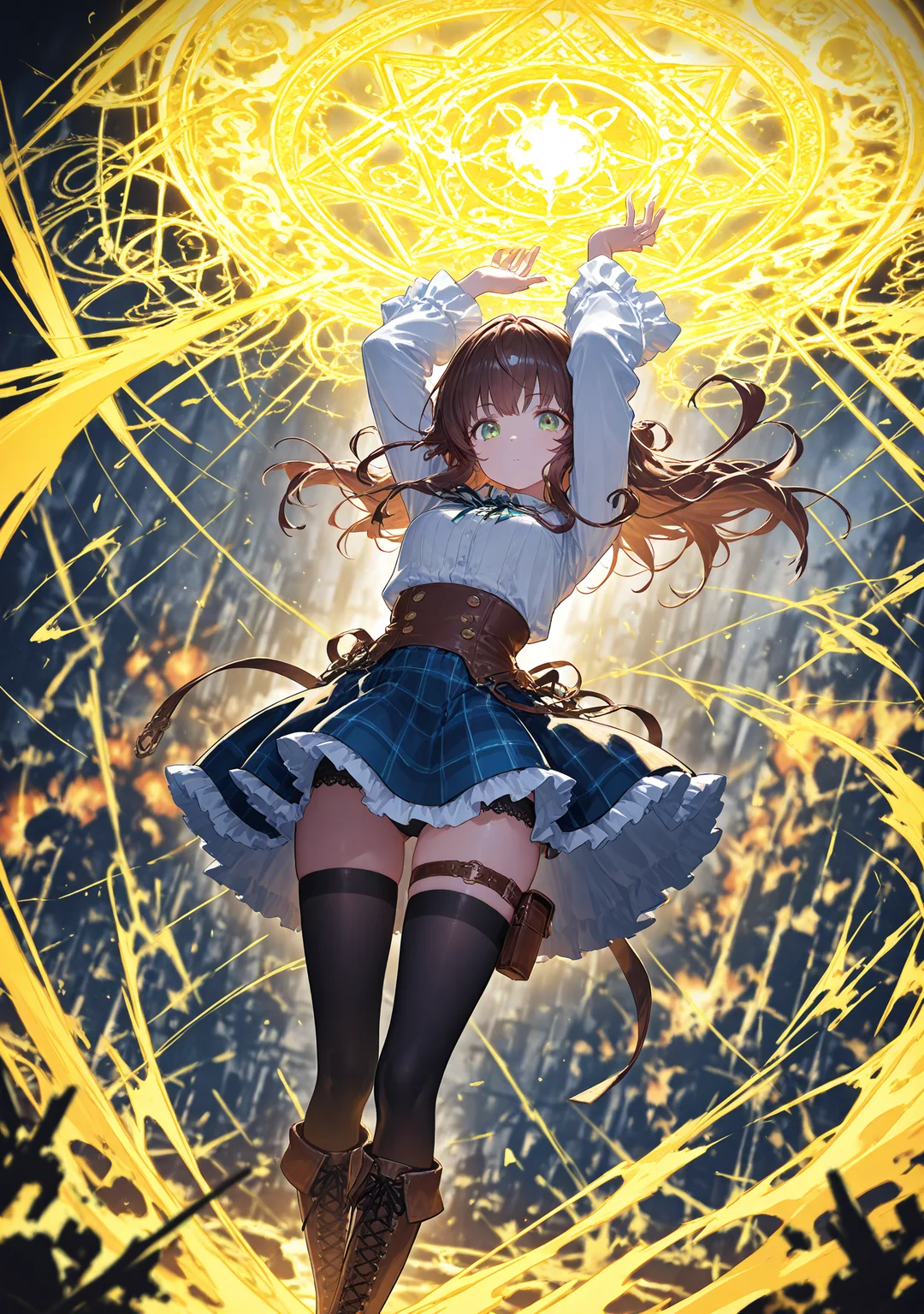 (EyesHD:1.2),masterpiece,best quality,ultra-detailed,very aesthetic,sharp focus,depth of field,vibrant colors,ray tracing,best lighting,detailed illustration,detailed background,cinematic,beautiful face,beautiful eyes,
<lora:svstyle3:1>,(dutch angle:1.2),
svstyle,1girl,skirt,solo,long hair,thighhighs,green eyes,boots,blue skirt,arms up,shirt,black thighhighs,white shirt,looking at viewer,underwear,panties,long sleeves,plaid skirt,plaid,brown footwear,brown hair,cross-laced footwear,knee boots,standing,thigh strap,magic,floating hair,bangs,lace-up boots,frilled skirt,explosion in the air,yellow magic circle,