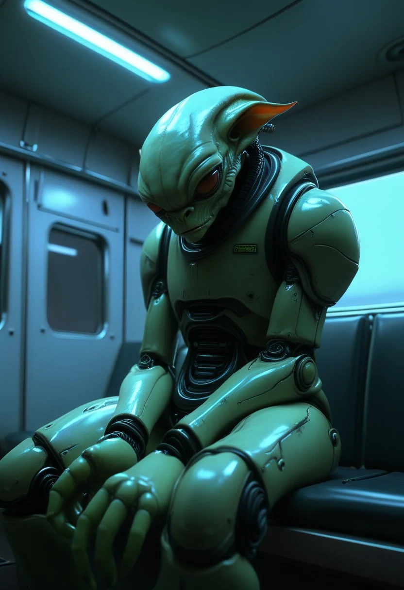 score_9, score_8_up, score_9_up, SilverPulse, alien, 1girl, four arms, sitting in the train, reading on the tablet,