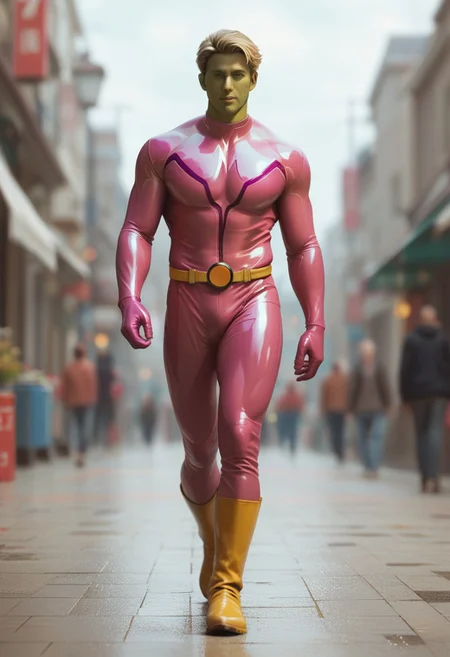score_9, score_8_up, score_7_up, green face, mature, adult male, colored skin, superhero, latex, short blonde hair male, ((deep pink bodysuit)), purple pink superhero, yellow belt, yellow boots, walking, depth of field, 32k UHD resolution, best quality, high quality, full body