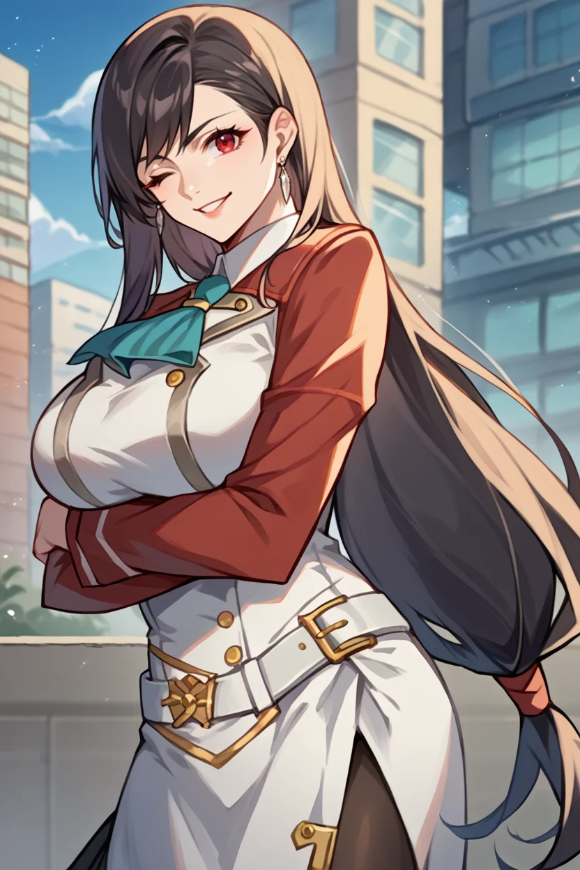 score_9, score_8_up, score_7_up, score_6_up, source_anime, 1girl, solo, <lora:tifa-pdxl-nvwls-v1-000005:1> defTif, red eyes, black hair, low-tied long hair, earrings, large breasts,  <lora:elie-pdxl-nvwls-v1:1> ascot, uniform, long red sleeves, white dress, pencil skirt, belt, black pantyhose, white boots, wink, smile, blue sky, looking at you, city, crossed arms