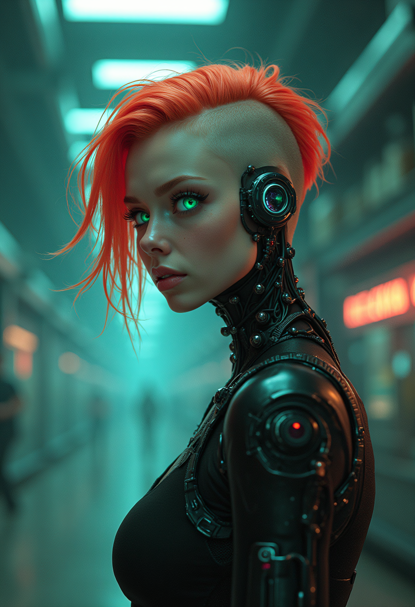 A brooding atmosphere of a dystopian augmented virtual reality, semi-realistic anime character. The young cyborg woman stands tall, head turned toward viewer, exuding an air of corporate authority. Her bright undercut neon hair with a shaved side, contrasts starkly with her pale complexion. Mechanical arms, natural emerald green left eye, peers out from beneath a sweeping fringe of hair, a dimly glowing multi color gray mechanical left eye, scanning the environment. Her face, a canvas of metal and flesh with augments, bears visible cybernetic implants that trace along her cheekbones and jawline. The style of the piece draws influence from the masters of sci-fi art: Chris Cold, H.R. Giger, and Guweiz. Their legacy is evident in the intricate blend of humanity and machine.