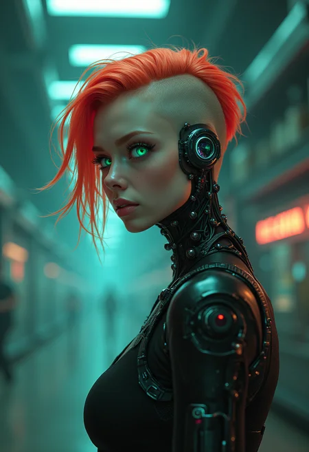 A brooding atmosphere of a dystopian augmented virtual reality, semi-realistic anime character. The young cyborg woman stands tall, head turned toward viewer, exuding an air of corporate authority. Her bright undercut neon hair with a shaved side, contrasts starkly with her pale complexion. Mechanical arms, natural emerald green left eye, peers out from beneath a sweeping fringe of hair, a dimly glowing multi color gray mechanical left eye, scanning the environment. Her face, a canvas of metal and flesh with augments, bears visible cybernetic implants that trace along her cheekbones and jawline. The style of the piece draws influence from the masters of sci-fi art: Chris Cold, H.R. Giger, and Guweiz. Their legacy is evident in the intricate blend of humanity and machine.
