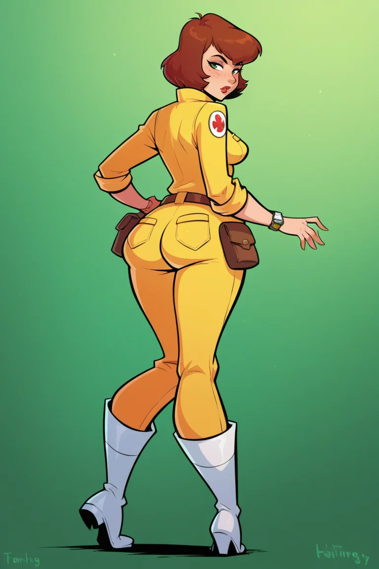 score_9, score_8_up, score_7_up, BREAK, <lora:hugotendaz-guy-PONYv1:1>, 1girl, solo, breasts, looking at viewer, blush, short hair, holding, medium breasts, green eyes, standing, full body, ass, red hair, boots, looking back, from behind, lips, makeup, white footwear, lipstick, freckles, green background, watch, pouch, wristwatch, jumpsuit, april o'neil,