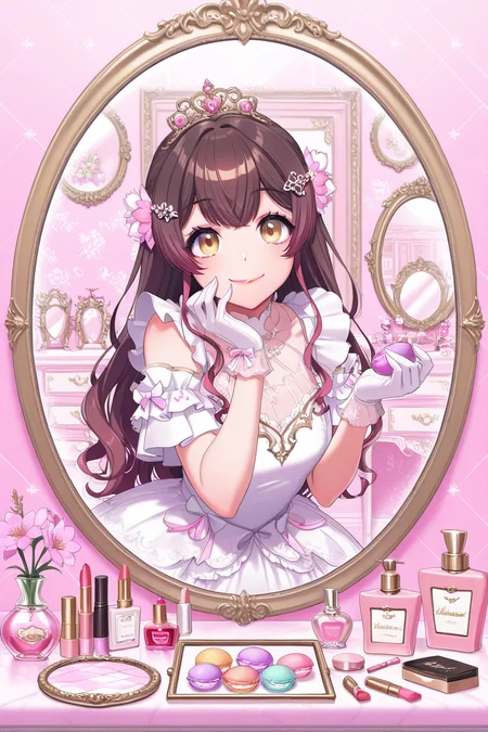 masterpiece, best quality, amazing quality,
<lora:Muni_IL:1> muni, 1girl, gloves, solo, smile, hair ornament, macaron, virtual youtuber, cosmetics, long hair, smile, flower, dress, looking at viewer, brown hair, perfume bottle, bangs, mirror, red lips,