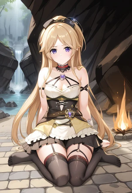 core_9, score_8_up, score_7_up,
BREAK source_anime, best quality, masterpiece, rating_safe, uncensored, High quality, 8k, Ultra detailed, insanely detailed, beautiful, prefect lighting, 1girl,
BREAK yukariadv, very long hair, blonde,
clockwork outfits, thighhighs,
BREAK (Cave, firewood, fire, water droplets, stone bed, rough floor,Cobblestone wall),