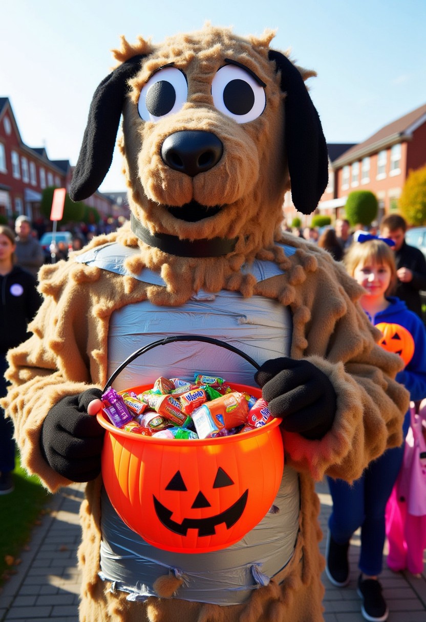 The image is a photograph capturing a festive outdoor scene during what appears to be a Halloween event. The central figure is a person wearing a large, elaborate dog fursuit.The costume covers the person's entire body, except for their hands, which are visible holding a black and orange plastic pumpkin bucket filled with various Halloween candies and treats. The costume is made from a mishmash of fabrics and tape.
In the background, the scene shows a suburban neighborhood with houses visible behind the person. The houses have red brick exteriors and white trim, with a clear, bright sky visible above.