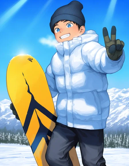 masterpiece, best quality, shounenzoom-style, 2020s, outdoors, winter, mountain, sunlight, 1boy, solo, blue eyes, grin, beanie, gloves, white jacket, standing, planted snowboard, looking at viewer, peace sign <lora:shounen_zoom-naixl_vpred-v7Nd-ShoAI:1>