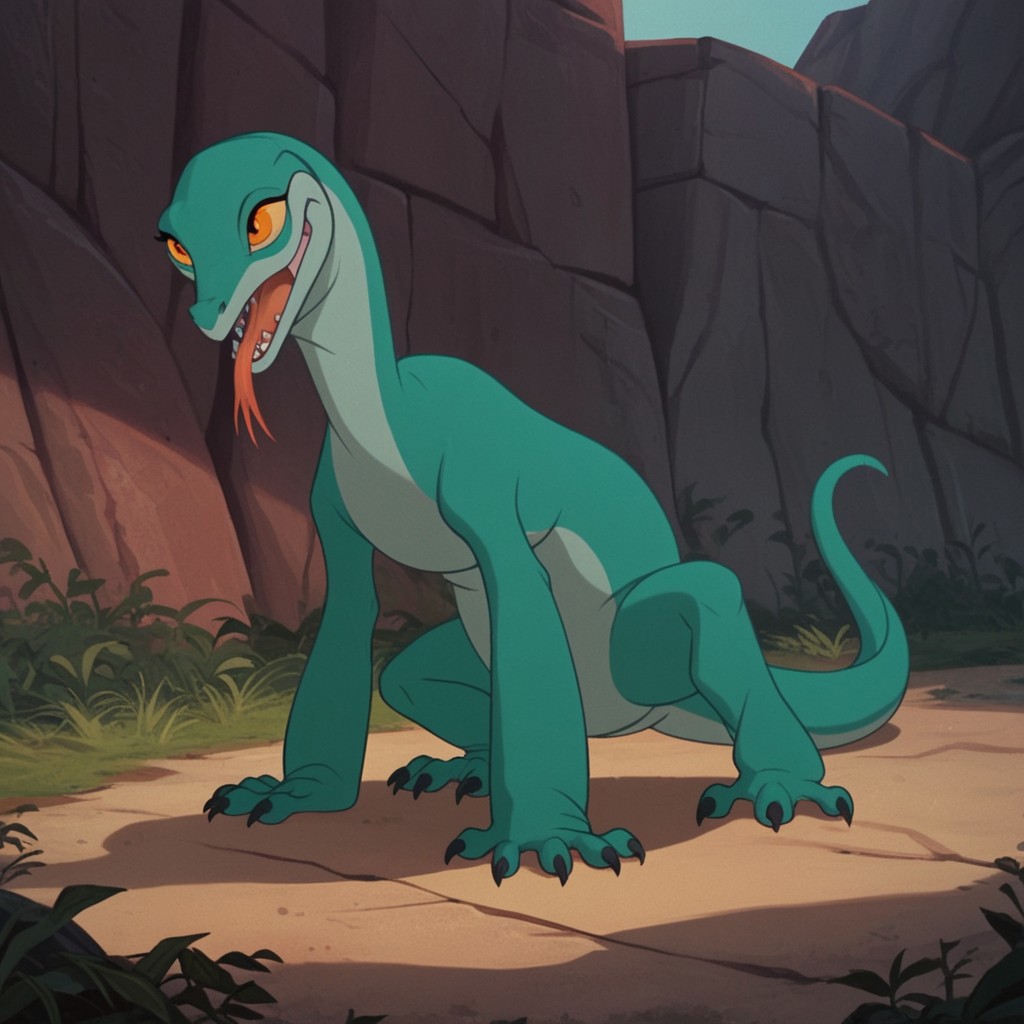 score_9, score_8_up, score_7_up, score_6_up, score_5_up, score_4_up, source_furry, joannardu, feral, female, lizard, green skin, orange eyes, yellow sclera, standing, outside, tongue out