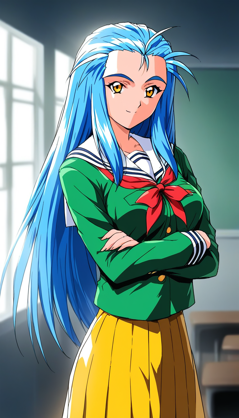 score_9, score_8_up, score_7_up, source_anime, rating_explicit, BREAK <lora:Minazuki_Kotoko_XL:1> Minazuki_Kotoko, blue hair, long hair, orange eyes, medium breasts,
1girl, solo, school uniform, light smile, looking at viewer, long sleeves, green shirt, serafuku, indoors, shirt, window, 1990s (style), Yellow skirt,
cross arms,