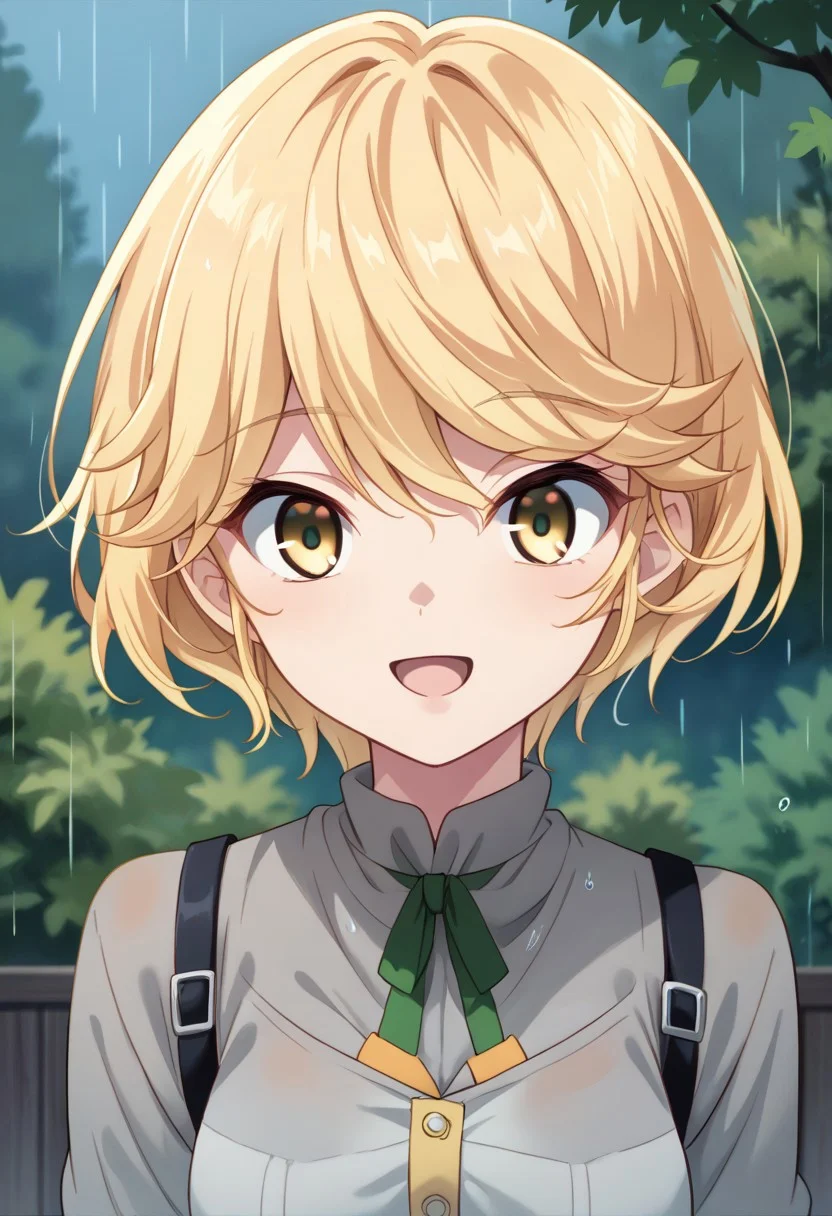 score_9, score_8_up, score_7_up, source_anime, TARTE (THE WORLD'S FINEST ASSASSIN), TARTE CHILDHOOD, age down, solo, looking at viewer, smile, short hair, open mouth, blonde hair, shirt, yellow eyes, upper body, grey shirt, rain