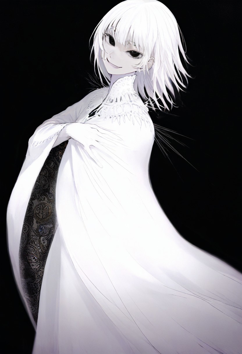 solo, looking at viewer, black eyes, black background, 1woman, long ringlet white hair, extremely pale skin, smirking, all white gown (pure white), masterpiece, best quality, very aesthetic, absurdres
 <lora:monfornoob:0.95>