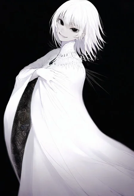solo, looking at viewer, black eyes, black background, 1woman, long ringlet white hair, extremely pale skin, smirking, all white gown (pure white), masterpiece, best quality, very aesthetic, absurdres
 <lora:monfornoob:0.95>