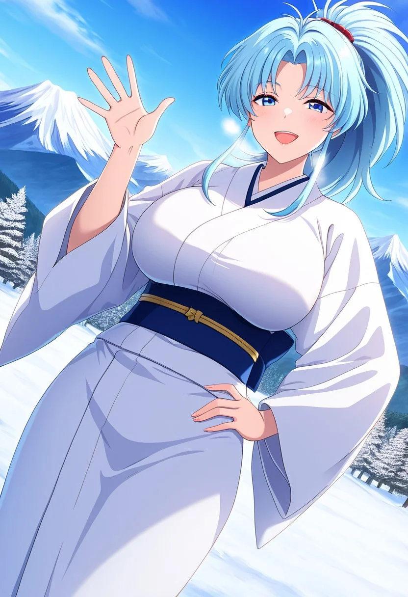 general,highres, ultra-detailed,very aesthetic,best quality ,best hands,best eyes,easynegative,
dynamic anglre, dutch angle, anime cloring,anime screencap,
1girl solo,looking at viewer,open mouth,smile,snow,mountain,waving hand,hand on hip,
Botan,light blue hair, blue_eyes,huge breasts,open chest,white japanese clothes,