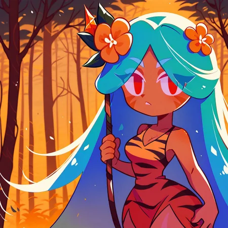 score_9, score_8_up, score_7_up, 2d, tigerlilycookie, cookie run, blue hair, long hair, flower in hair, orange dress, tiger print, red eyes, wide hips, large thighs, holding spear, cinematic lighting, cowboy shot, forest, looking at viewer, chibi