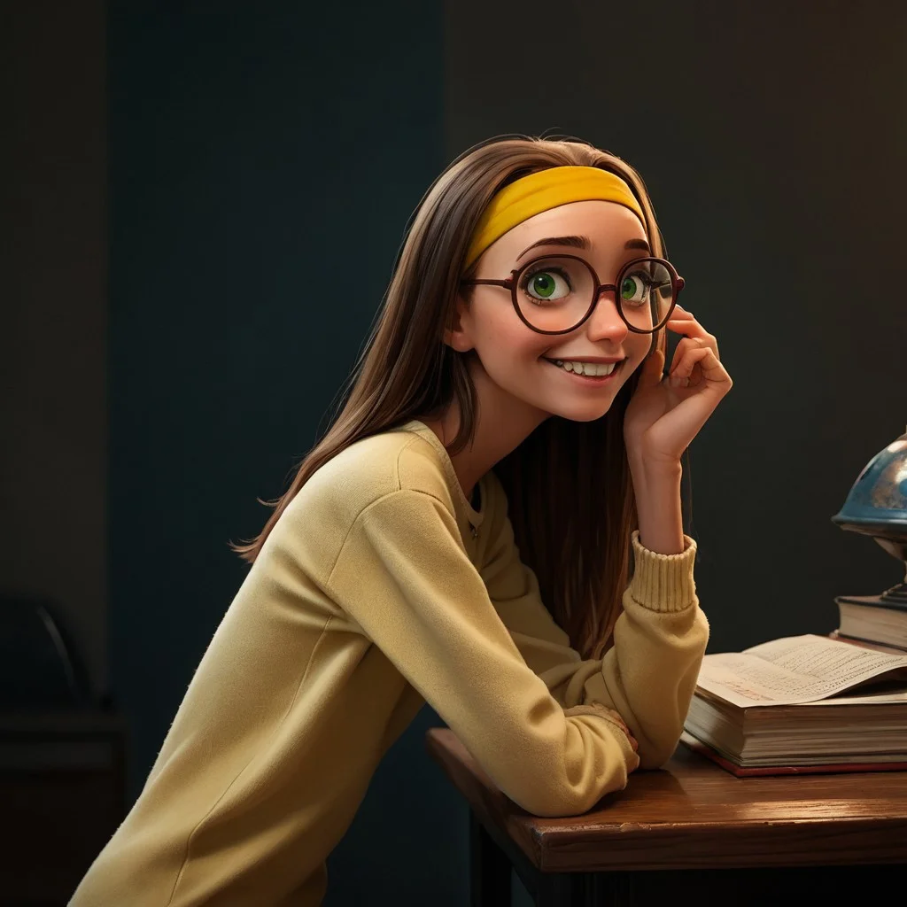 score_9, score_8_up, score_7_up, score_6_up, score_5_up, score_4_up, rating_questionable, 1girl, Hon_Lem, Glasses, smiling, skinny, tall, small saggy breasts, bending over, looking back at viewer, yellow headband, green eyes