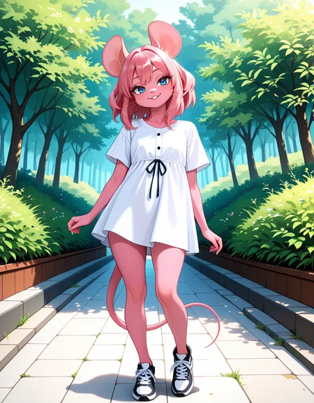 masterpiece, best quality, very aesthetic, absurdres,
outdoors, casual, 
full body, standing, posing, 
 seductive smile, parted lips, long eyelashes,
 <lora:Mouse_Girl_v01_NAIXL:1>
M0sgr1,1girl,solo,furry,furry female,mouse girl,mouse ears,pink hair,short hair,blue eyes,snout,animal nose,whiskers,buck teeth,body fur,pink fur,mouse tail,