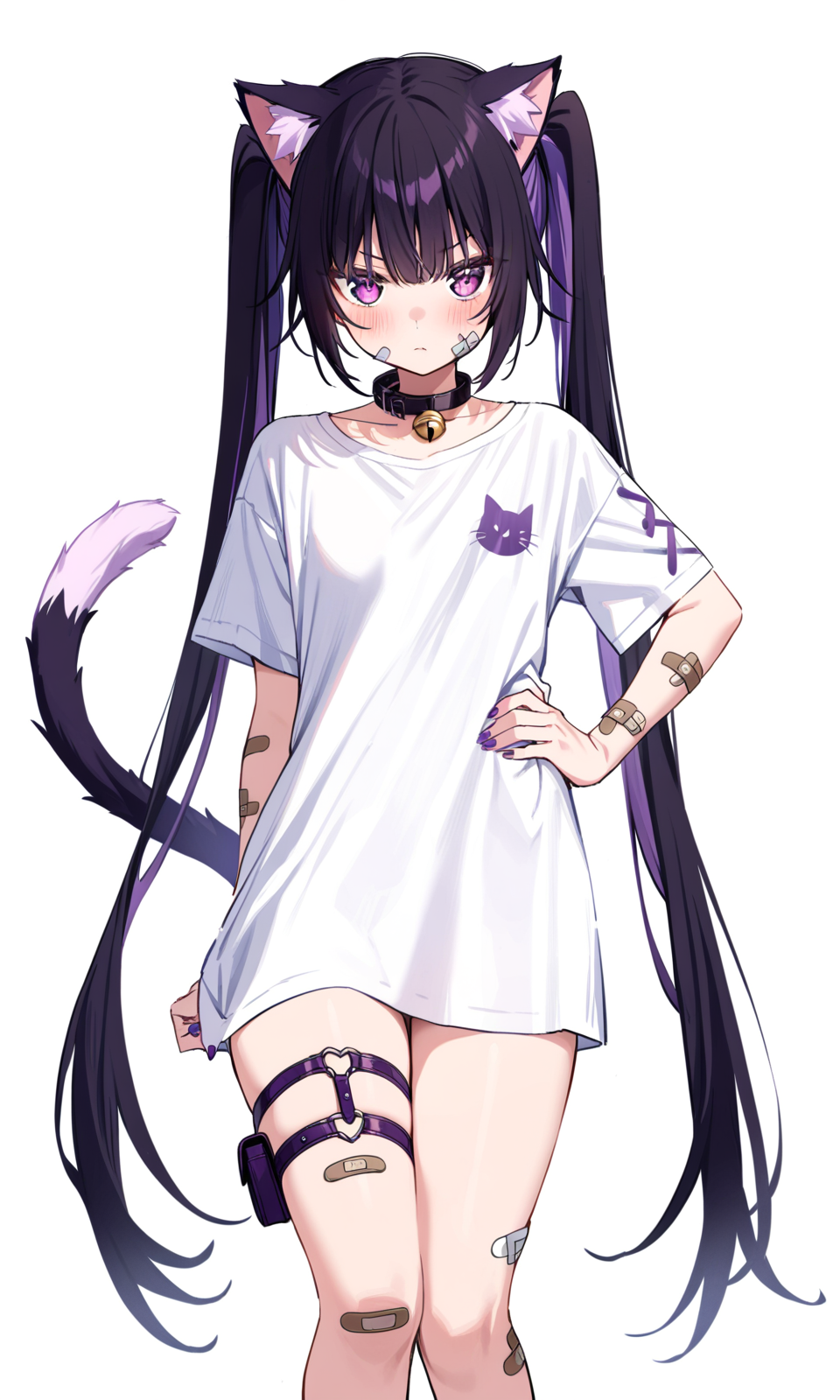 1girl, sensitive, solo, long hair, looking at viewer, blush, simple background, shirt, black hair, white background, animal ears, very long hair, twintails, purple eyes, tail, white shirt, purple hair, short sleeves, cat ears, nail polish, collar, cat tail, hand on own hip, thigh strap, bell, bandaid, neck bell, bandaid on face, purple nails, bandaid on arm