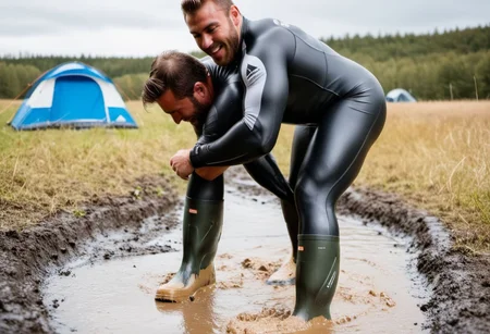 3men, full body  three 20yo handsome musclebear men, strong muscular, hairy men, strong side lighting, sharp focus, skin texture, extremely detailed, wearing wetsuit,  wearing rubber boots, strong body, lay on floor, open legs, in front of a small camping fire, in front of a camping tent, kissing, rubber boots, muddy, mud, mud on body, dirty rubber boots, thick thighs, 8k, uhd, realistic, photographic, hyperrealistic, open wide view angle, full body, see full body