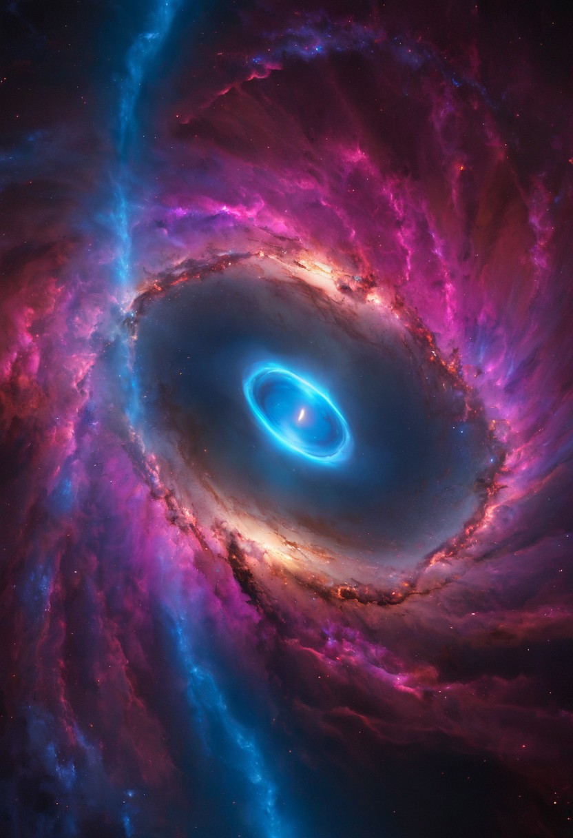 a dynamic and breathtaking image of the universe with vibrant colors and dramatic lighting. Show a swirling nebula in the foreground with bright, intense hues of blue, purple, and pink. In the background, depict a distant galaxy with spiraling arms and scattered stars. Include a supernova explosion, radiating brilliant light, and a mesmerizing black hole at the center, with cosmic debris swirling around it. Add a hint of distant planets and asteroids to create a sense of scale and depth. Make the entire scene feel alive and constantly in motion.