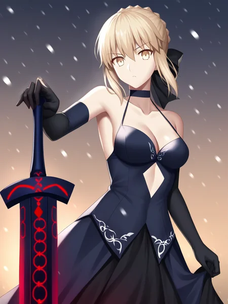 score_9,score_8_up,score_7_up,<lora:fgo_179_a1:1>,1girl, character: artoria_pendragon_(fate), character: saber_alter, solo, outdoors, holding, holding_sword, holding_weapon, looking_at_viewer, hair_between_eyes, yellow_eyes, blonde_hair, hand_in_own_hair, braid, hair_ribbon, sidelocks, medium_breasts, breasts, cleavage, collarbone, black_dress, black_gloves, dress, elbow_gloves, gloves, sleeveless_dress, black_ribbon, choker, ribbon, sleeveless, highres, sword, weapon, excalibur_morgan_(fate), snowing, updo, commentary_request