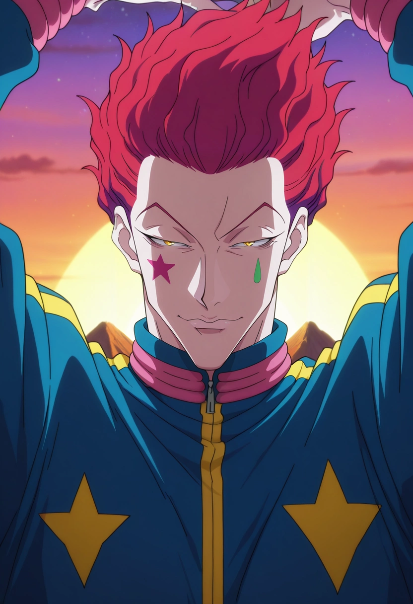 masterpiece, best quality, intricate details, anime screencap, anime coloring, official style, , 1boy, solo, male focus, <lora:hisoka_morow_ilxl:0.96>, hisoka_morow, red hair, yellow eyes, facial mark, star \(symbol\), focused, mountain, midnight, arms up, squinting, tracksuit,