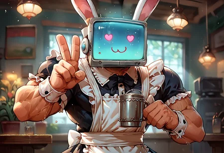 score_9, score_8_up, score_7_up, detailed background, modern, maid cafe, soft lighting, cold lighting, solo, male, screenface, screen head, bunny ears, cute, barazoku, big muscle, huge muscle, maid outfit, (uwu), v sign, (facing viewer)