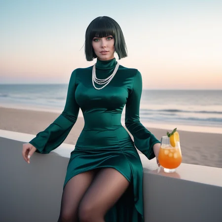 cinematic photo full body portrait 1girl, large breast, green eyes,  dress, necklace, thighhighs, jewelry, short black hair, bangs, having a cocktail on the beach, sunset <lora:Fubuki1024:0.8> . 35mm photograph, film, bokeh, professional, 4k, highly detailed