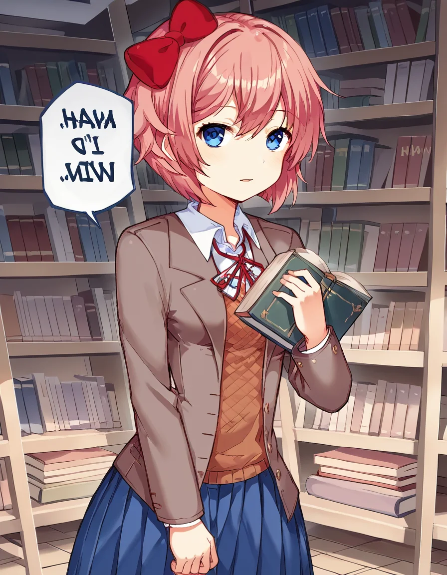 score_9, score_8_up, score_7_up, source_anime, <lora:ddlc-sayori-ingame-ponyxl-lora-nochekaiser:1>, sayori, blue eyes, hair between eyes, hair bow, hair ornament, pink hair, red bow, short hair,, blue skirt, pleated skirt, school uniform, skirt, brown jacket, jacket,, library, shelves, books, tables, quiet, , <lora:nah-id-win-ponyxl-lora-nochekaiser:1> nah id win, nah i'd win (meme), english text, speech bubble, meme, talking, straight-on, portrait,, looking at viewer, solo,, dutch angle, cowboy shot