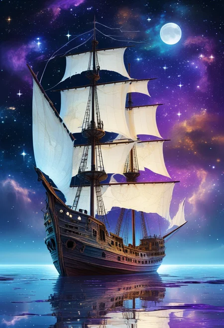 (a drawing of a ghost ship in a stylized design, torn white sails:1.3), (Ocean, still water, water reflection, reflective water, night sky, moon, stars, galaxy), (purple theme:1.4, extremely detailed, high detail, hires textures, incredibly detailed, intricate details, masterpiece, colorful comic, murals)