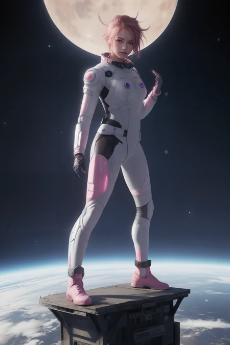 a woman standing on a platform with a pink and blue background and a large moon in the background with a pink and blue background, Artgerm, anime visual, a hologram, space art