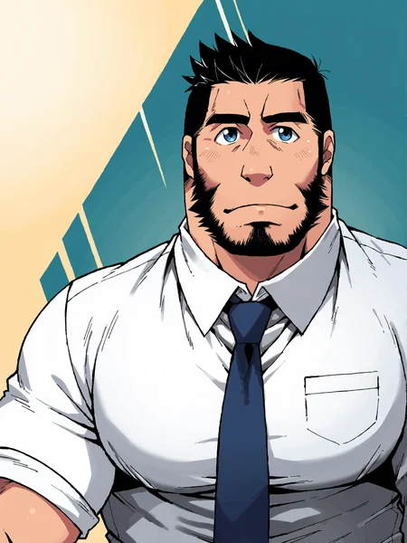 score_9, score_8up, score_7up, score_6up, score_5up, score_4up, abstract background, source_anime, rating_safe, BREAK
solo, mature male, beard, facial hair, blue eyes, black hair, big pecs, white dress shirt, necktie, BREAK
<lora:Neyukidou__Takaku_Nozomu_-_PDXL_Artist_Style:1> n3yuk1d0u