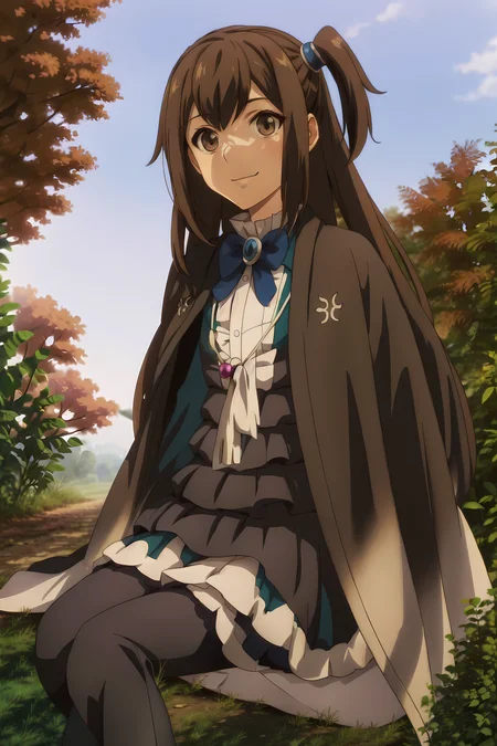 masterpiece, best quality, KizunaKazayama, 1girl, solo, long hair, looking at viewer, smile, closed mouth, brown hair, outdoors, dress, brown eyes, cape, black pantyhose, sitting, pov, <lora:KizunaKazayamaLora:0.9>
