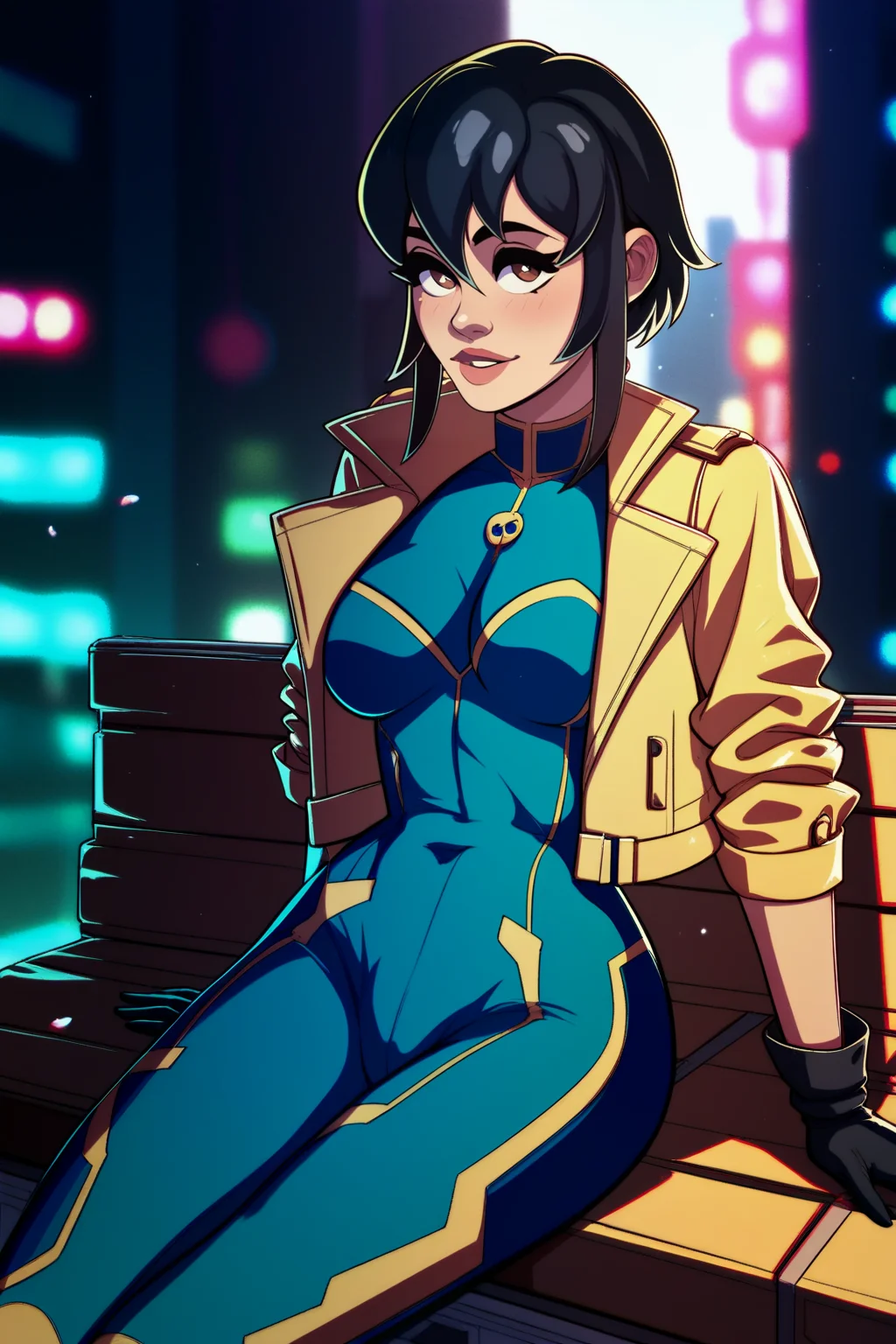 score_9, score_8_up, score_7_up, masterpiece, high quality
<lora:JennaPonyLora:1>1girl, short hair, bodysuit, gloves, yellow jacket, sitting in a city