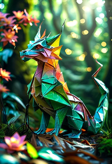 cinematic shot of beautiful origami forest dragon exotic flower in lush forest, iridescent plumage, vibrant colors, lens flare, bokeh, high resolution