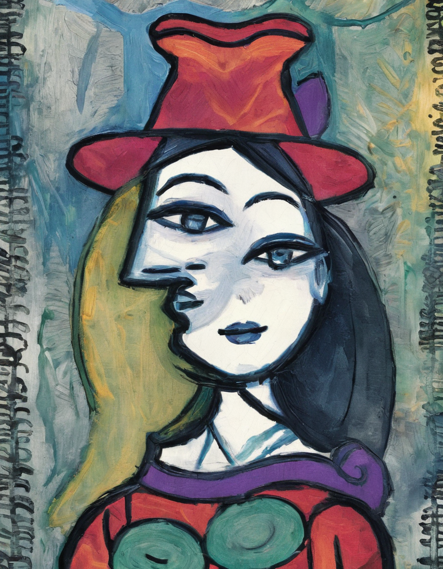 <lora:p5c0:0.9>p5c0 woman hat background with patterns and fingerpaint texture