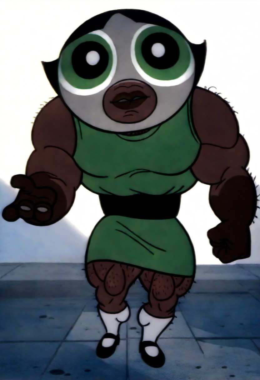 score_9, score_8_up, score_7_up, Solo, one character, front view, full body,
first  character, 1boy, adult, BobbyFakeButtercup, hairy body, buff body, muscles, black skin, lips, big oval-shaped mask, Buttercupmask, short black hair, large eyes, lime green eyes, small lime green dress with a black-centered stripe, white tights, black Mary Janes shoes,