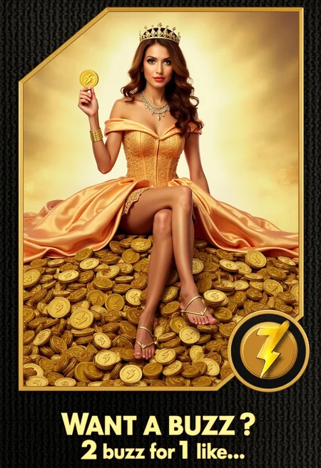 A movie poster features a princess in a lavish gown, perched atop a mountain of gold coins, gazing directly at the viewer. She sits with legs crossed, toying with a coin in one hand. The coins bear a lightning bolt symbol on both sides.
The poster text reads: "Want a buzz? 2 buzz for 1 like."
