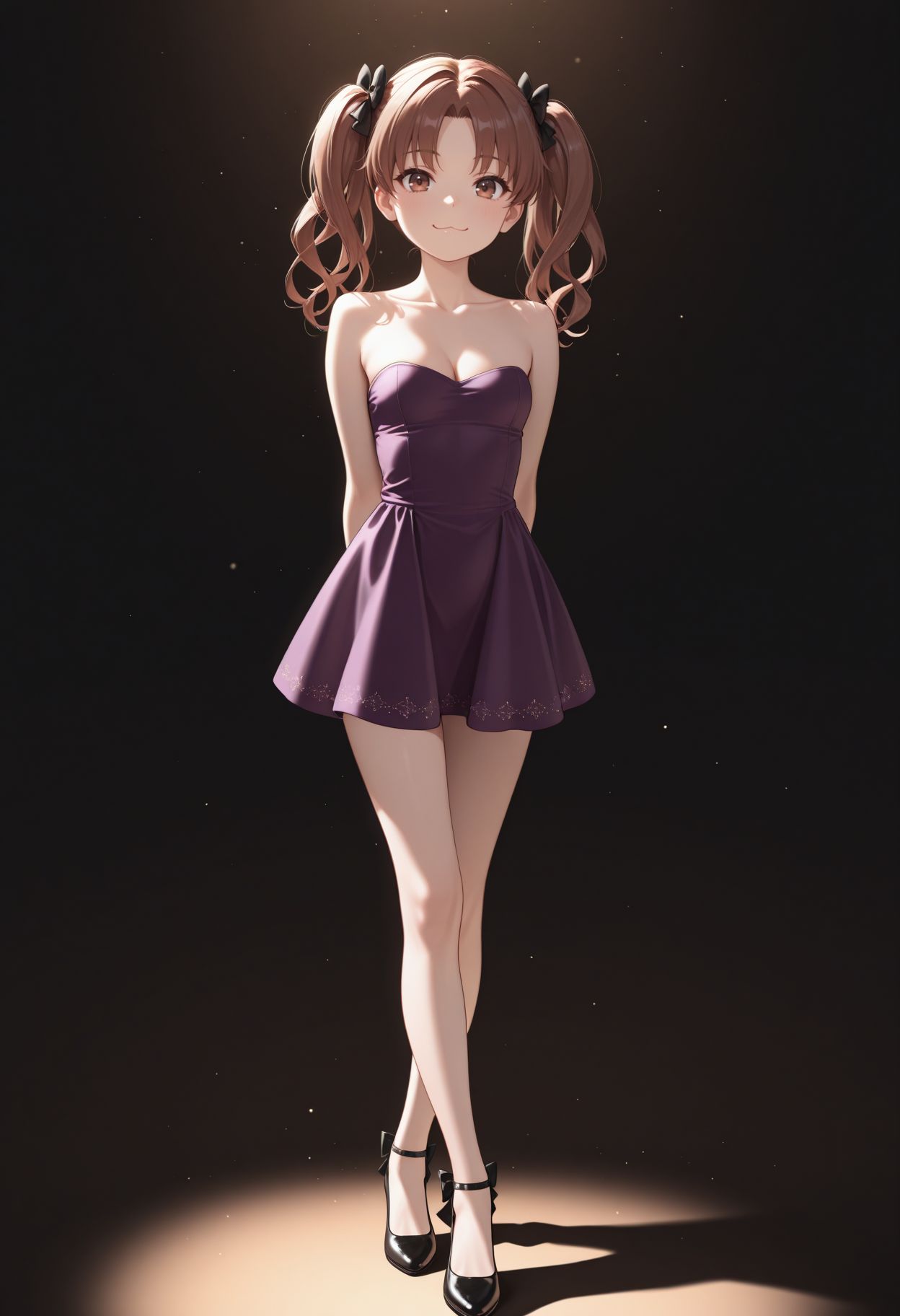 masterpiece,best quality,absurdres,highres,very aesthetic,high quality,detailed,insanely detailed,beautiful,perfect lighting, looking at viewer, smile, 
 <lora:Shirai illu:1>1girl, strapless dress, twintails, brown hair, brown eyes, full body, hair bow, looking at viewer, small breasts, collarbone, long hair, smile, crossed legs, standing, short dress, black footwear, purple dress, bare shoulders, :3, closed mouth, arms behind back, cleavage, parted bangs, black bow