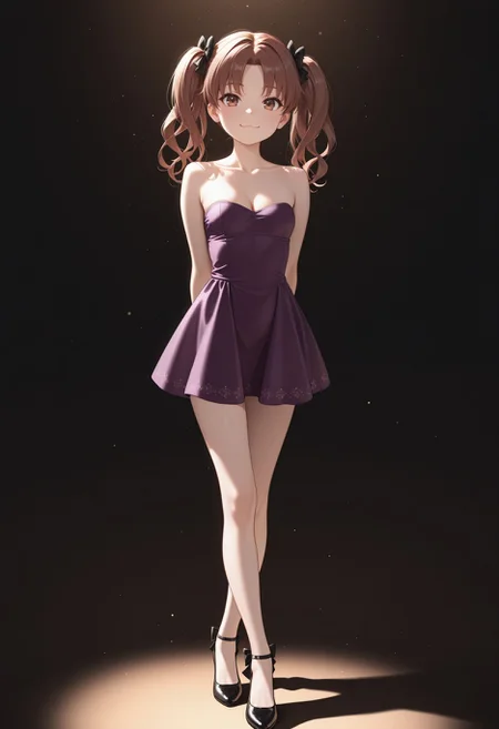 masterpiece,best quality,absurdres,highres,very aesthetic,high quality,detailed,insanely detailed,beautiful,perfect lighting, looking at viewer, smile,
<lora:Shirai illu:1>1girl, strapless dress, twintails, brown hair, brown eyes, full body, hair bow, looking at viewer, small breasts, collarbone, long hair, smile, crossed legs, standing, short dress, black footwear, purple dress, bare shoulders, :3, closed mouth, arms behind back, cleavage, parted bangs, black bow