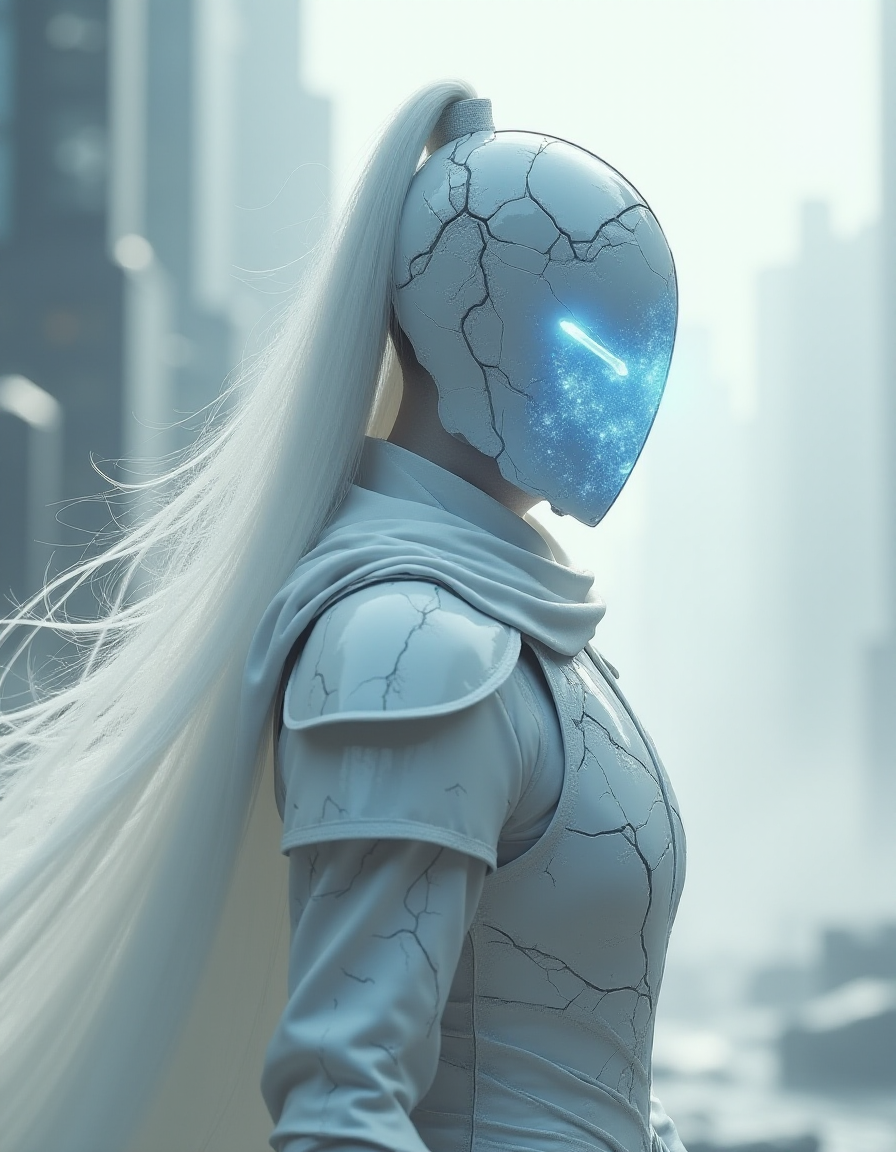 Monochrome with color, Action Scene, floating particles, billowing Hair, billowing Cape, Crystal clear atmosphere with sharp edges and high fidelity rendering, showcasing a cursed hkwarrior in gleaming, shattered white armor. The hkstyle armor has a glossy, pristine finish despite cracks revealing a faint inner glow. The focus is on a close-up of the ninjaâs intricately designed helm, rendered with a modern art studioâs photographic precision. The helmâs shattered visor emits a piercing white-blue light, creating clean streaks as the warriorâs swift motion is captured. The samuraiâs long, radiant hair flows perfectly, each strand sharply defined against a backdrop of a dystopian, white-washed metropolis with futuristic, glossy architecture in ruins. The background is crisp and clear, with sharp details even in the mist. No grain or blur; everything is rendered with modern studio lighting, revealing the glossy, polished surfaces and intricate design of the armor. The overall mood combines haunting beauty with powerful precision, captured in a modern, highly detailed, and strikingly realistic photograph.