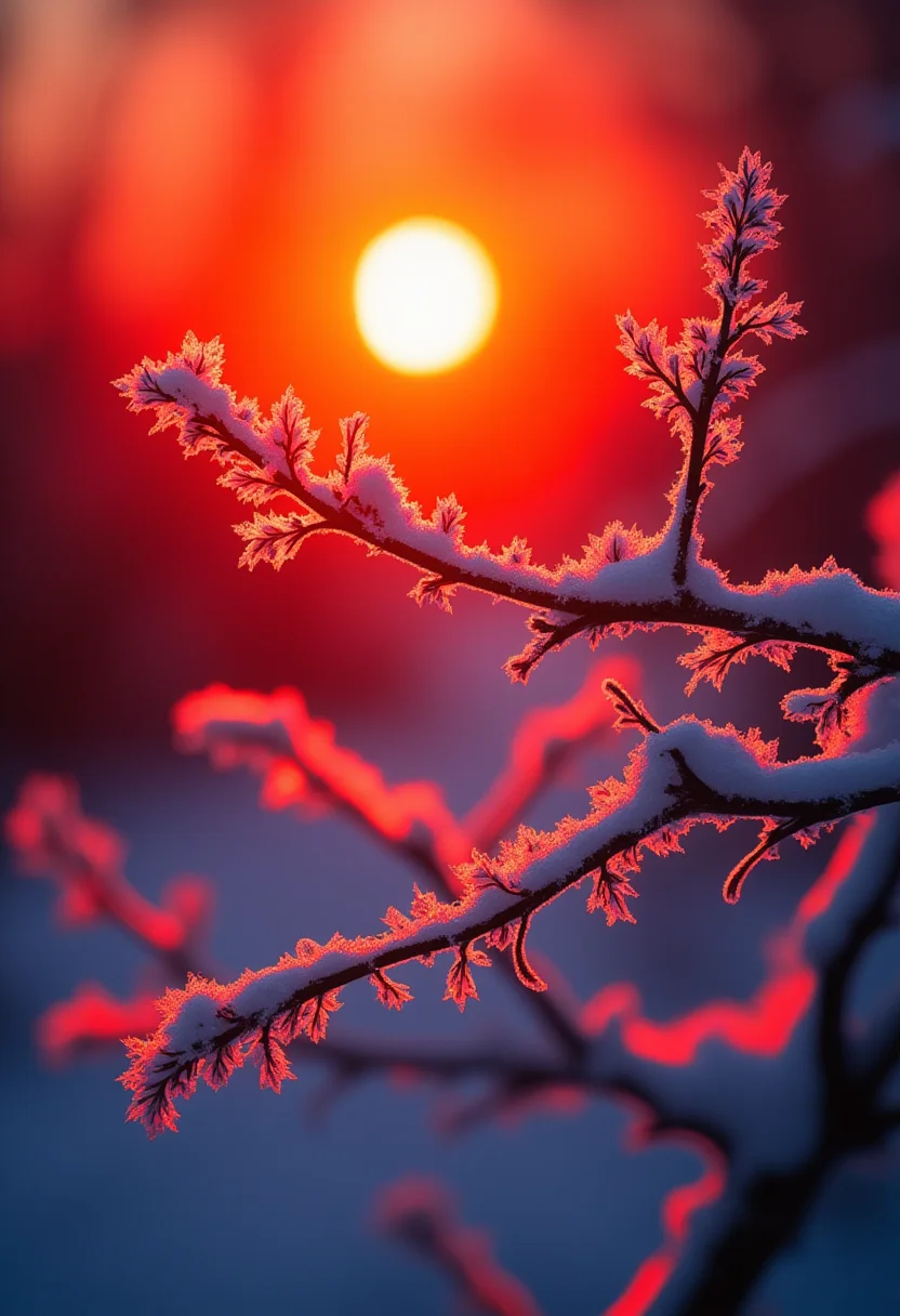 Capture the essence of a chilly November morning in a mesmerizing macro photograph focused on intricate ice crystals adorning rime-covered branches amidst a stunning red sunrise. Portray the delicate beauty of nature frozen by the cold temperatures while showcasing the piercing sunlight bathing everything in warm, rich hues. Emphasize exquisite lighting effects dancing across the frosty landscape, highlighting the crystalline shapes and castings shadows with an ethereal softness. Immerse yourself in this breathtaking scene where nature's quiet beauty meets the fiery splendor of a sunrise, leaving one spellbound by its enchanting display. ,<lora:flux_bra2ha_noirV2_bnr.safetensors:1.0> ,