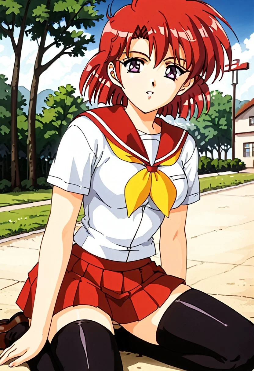 Retro anime style, Master piece, Best Quality, very detailed pic, 1 girl, pretty face, purple eyes, (short hair, redhead, medium breasts, white shirt, red sailor collar, yellow neckerchief, short sleeves, red skirt, pleated skirt, black thighhighs), outdoor, schoolyard, white school building, soil ground, (tree:0.8)