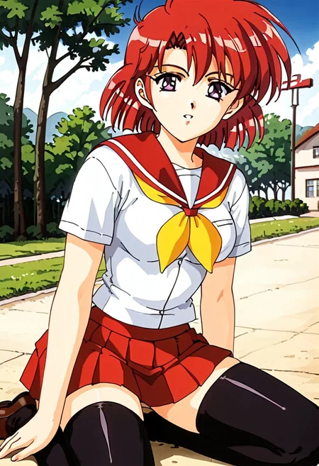Retro anime style, Master piece, Best Quality, very detailed pic, 1 girl, pretty face, purple eyes, (short hair, redhead, medium breasts, white shirt, red sailor collar, yellow neckerchief, short sleeves, red skirt, pleated skirt, black thighhighs), outdoor, schoolyard, white school building, soil ground, (tree:0.8)